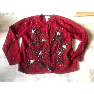 Coldwater Creek Red Embroidered Beaded Bird Button Front Cardigan sz Medium 90's
